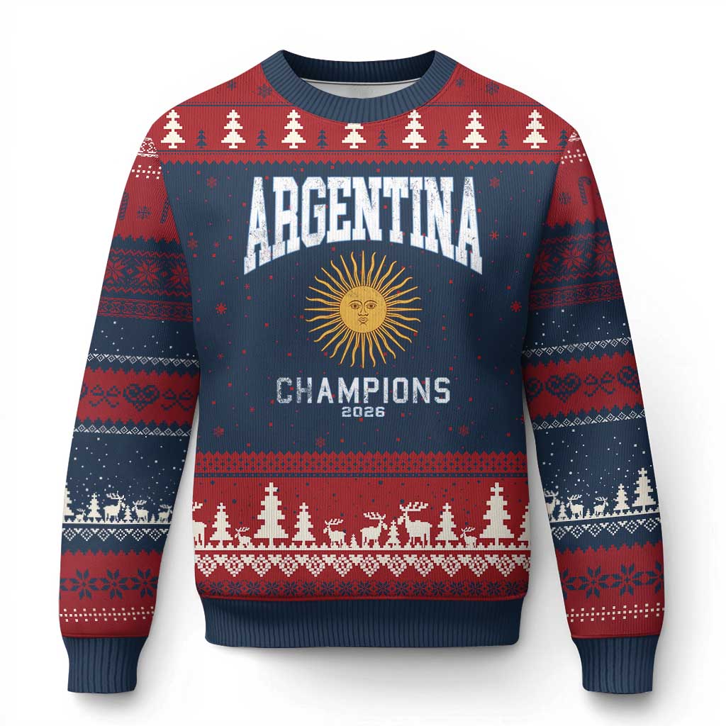 Argentina Champions 2026 Ugly Christmas Sweater Argentinian Pride Vintage Sol De Mayo TS11 Navy Red Print Your Wear
