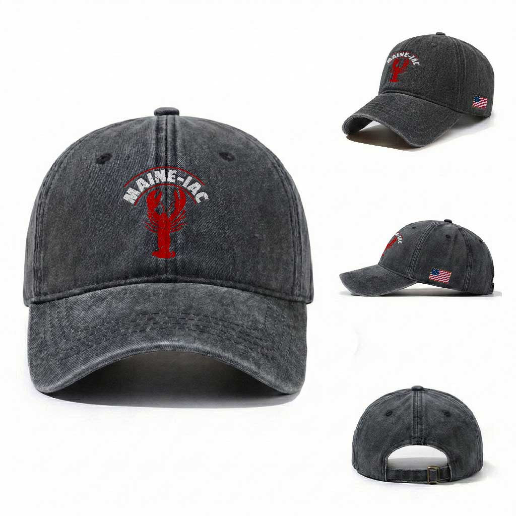 Maine Lobster Washed Cotton Baseball Cap Funny Maine iac Lobstering Fisherman TS11 Washed Cap Universal Fit Dark Gray Print Your Wear