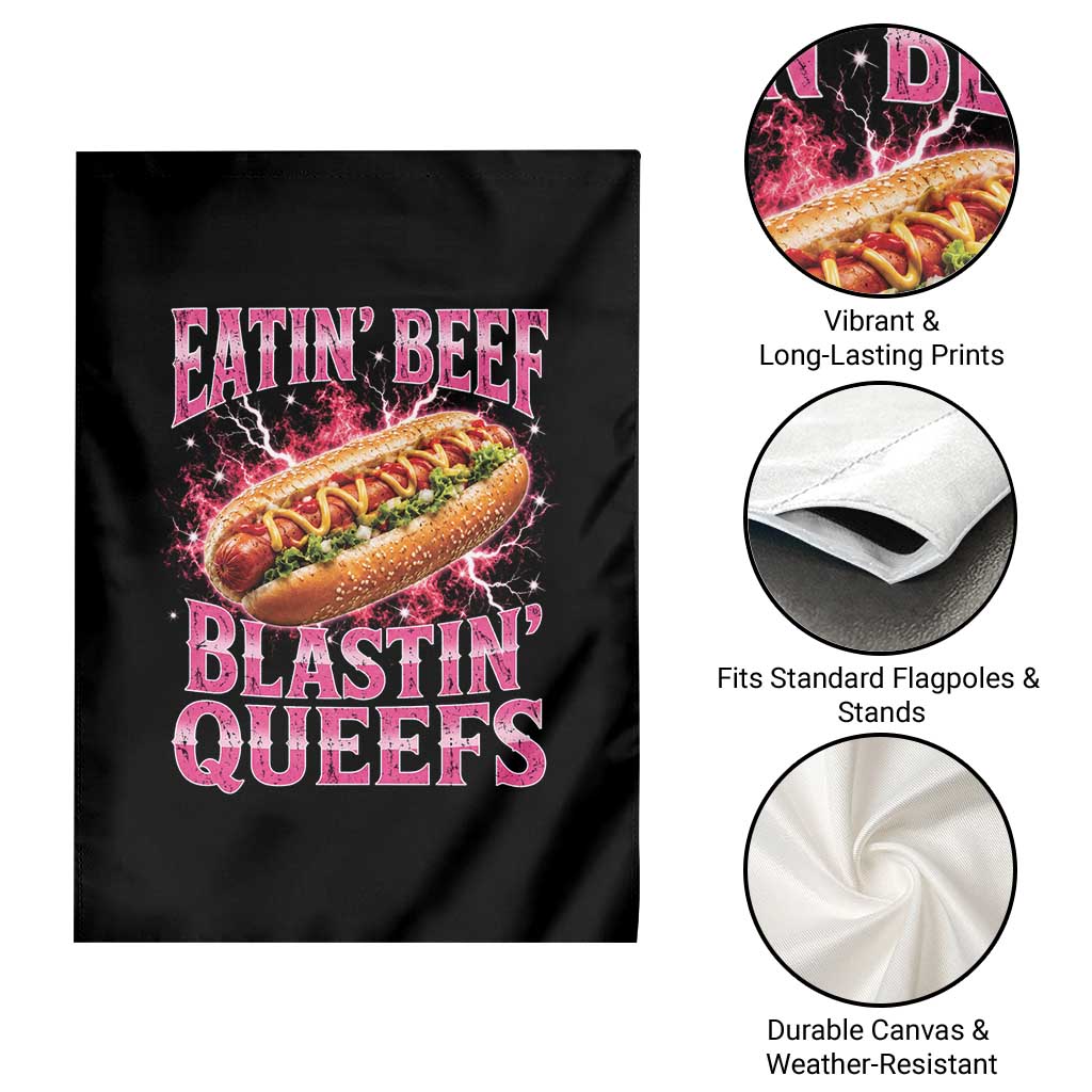 Eatin Beef Blastin' Queefs Funny Embarrassing Hot Dog Retro Bootleg Garden Flag