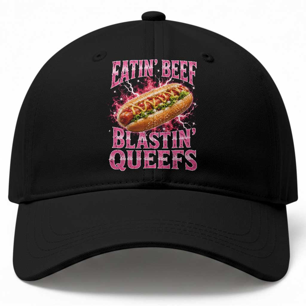 Eatin Beef Blastin' Queefs Funny Embarrassing Hot Dog Retro Bootleg Baseball Cap TS11 Print Your Wear