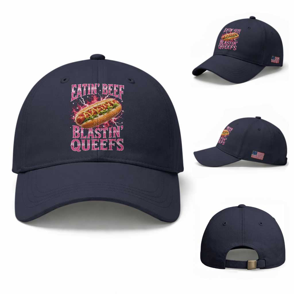 Eatin Beef Blastin' Queefs Funny Embarrassing Hot Dog Retro Bootleg Baseball Cap TS11 Baseball Cap Universal Fit Navy Print Your Wear