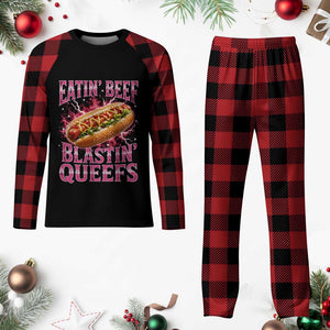 Eatin Beef Blastin' Queefs Funny Embarrassing Hot Dog Retro Bootleg Plaid Pajama Set