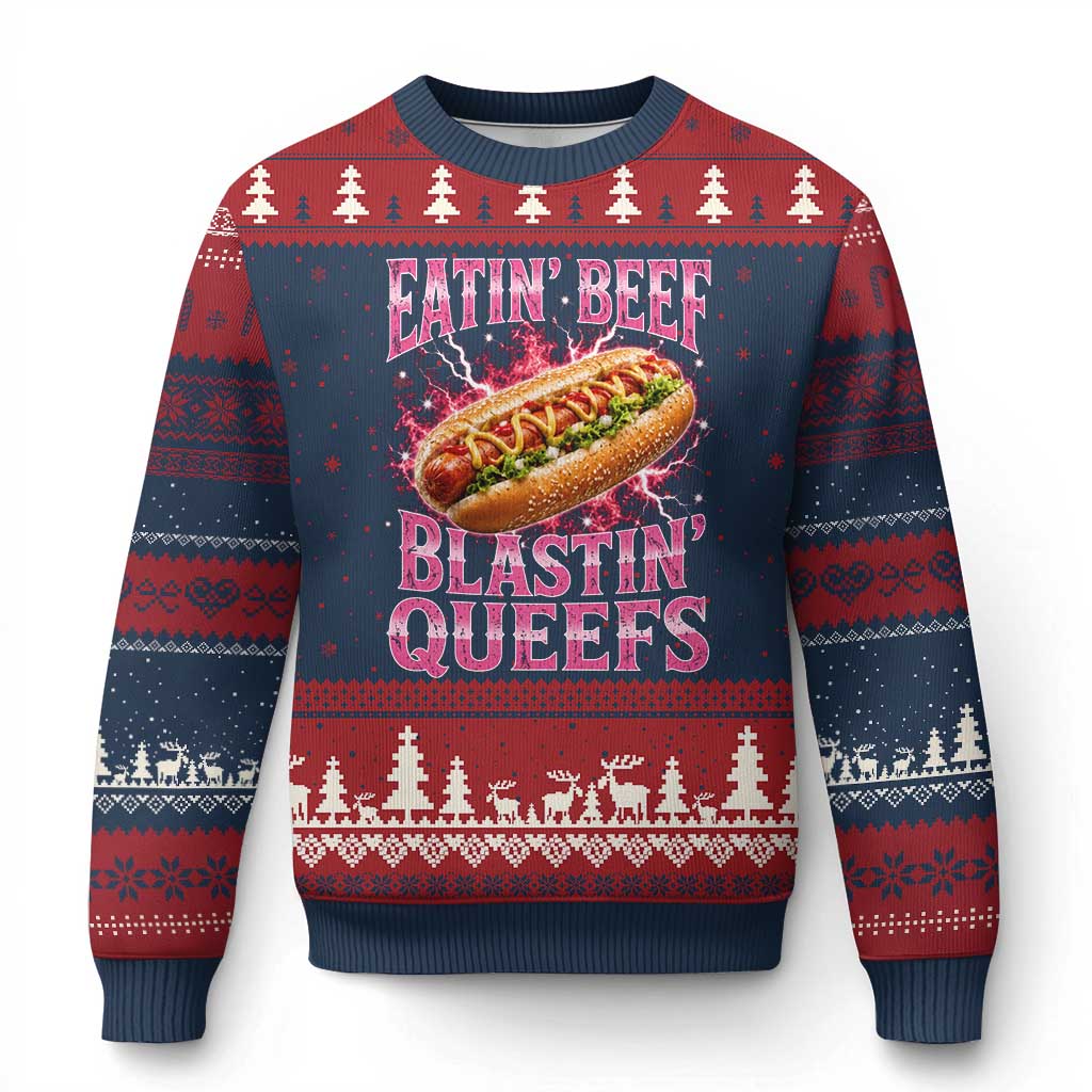 Eatin Beef Blastin' Queefs Funny Embarrassing Hot Dog Retro Bootleg Ugly Christmas Sweater