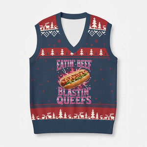 Eatin Beef Blastin' Queefs Funny Embarrassing Hot Dog Retro Bootleg V-Neck Knit Sweater Vest