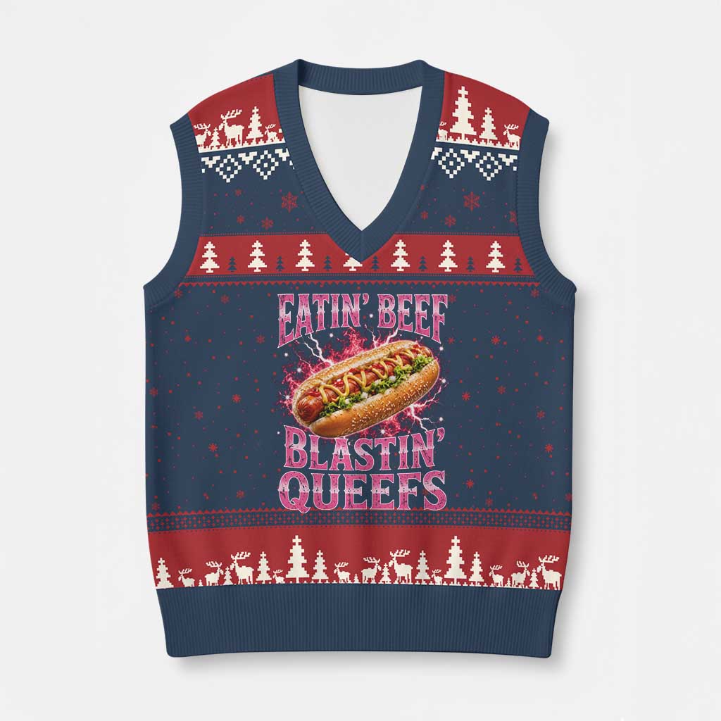Eatin Beef Blastin' Queefs Funny Embarrassing Hot Dog Retro Bootleg V-Neck Knit Sweater Vest TS11 Navy Red Print Your Wear
