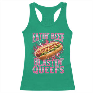 Eatin Beef Blastin' Queefs Funny Embarrassing Hot Dog Retro Bootleg Racerback Tank Top