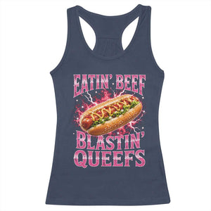 Eatin Beef Blastin' Queefs Funny Embarrassing Hot Dog Retro Bootleg Racerback Tank Top