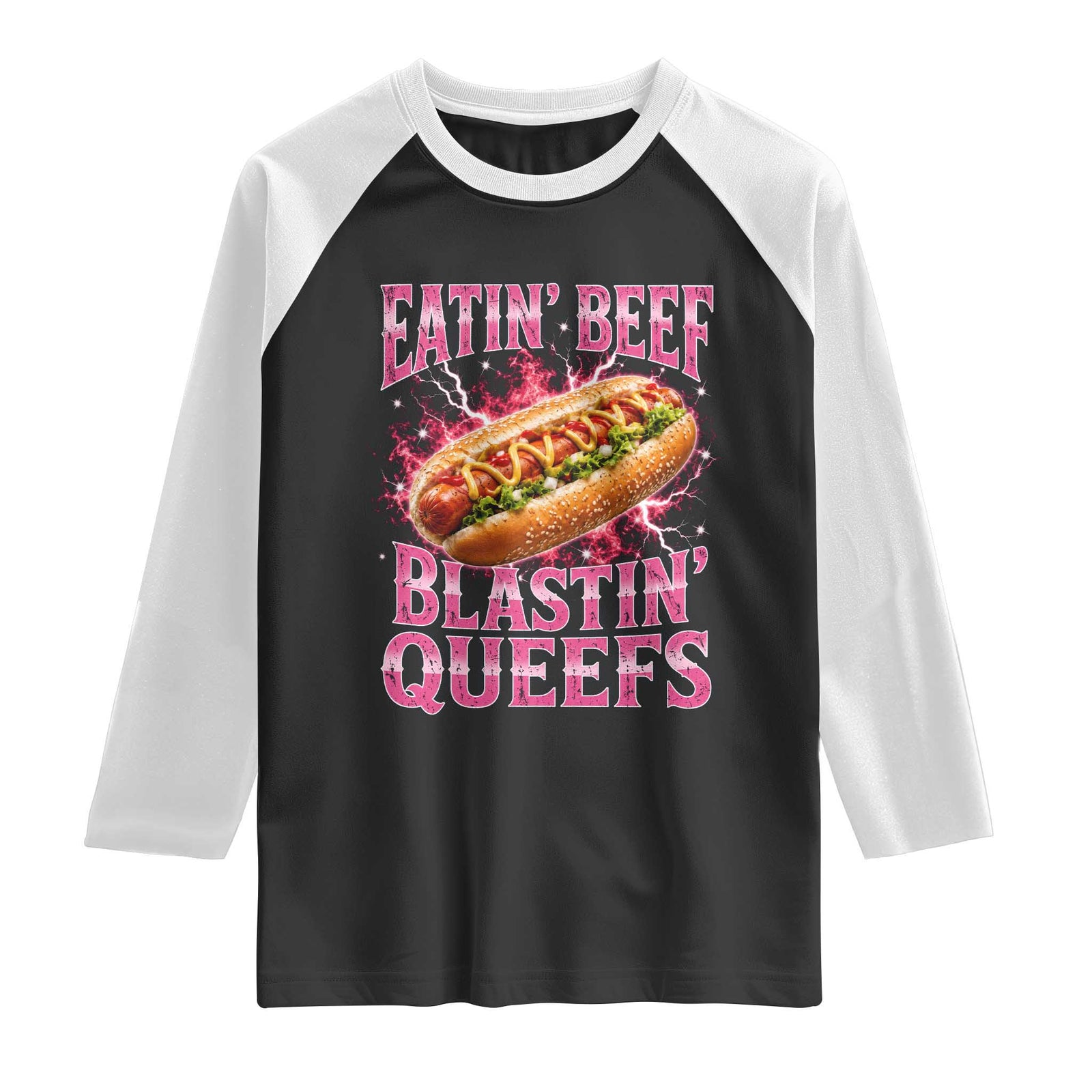 Eatin Beef Blastin' Queefs Funny Embarrassing Hot Dog Retro Bootleg Raglan Shirt TS11 Black White Print Your Wear