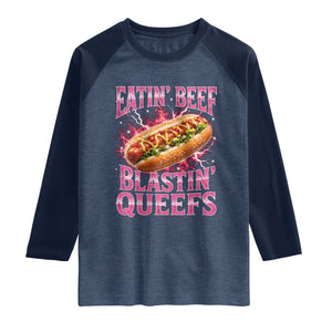 Eatin Beef Blastin' Queefs Funny Embarrassing Hot Dog Retro Bootleg Raglan Shirt