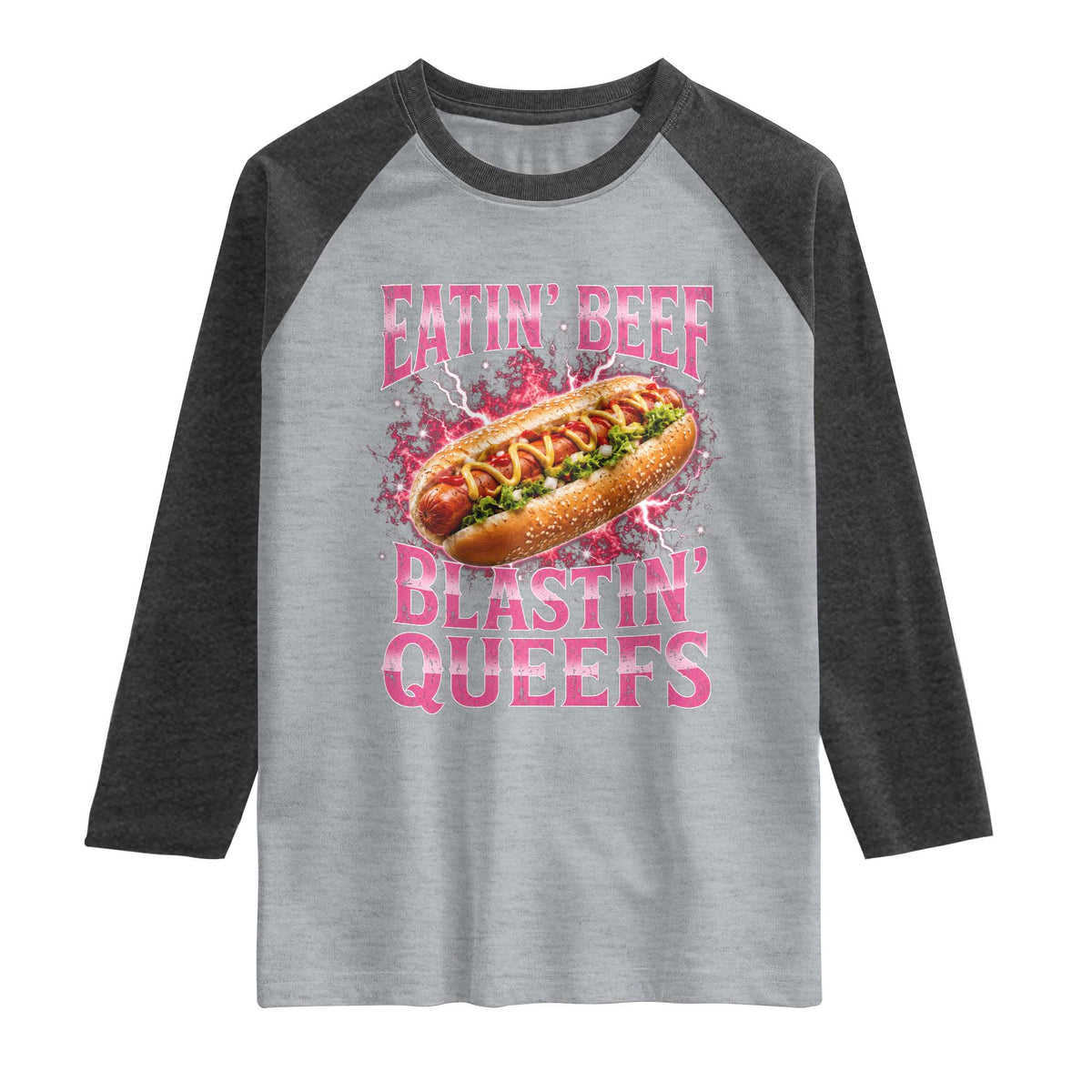 Eatin Beef Blastin' Queefs Funny Embarrassing Hot Dog Retro Bootleg Raglan Shirt