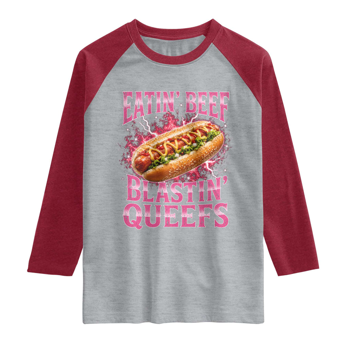 Eatin Beef Blastin' Queefs Funny Embarrassing Hot Dog Retro Bootleg Raglan Shirt