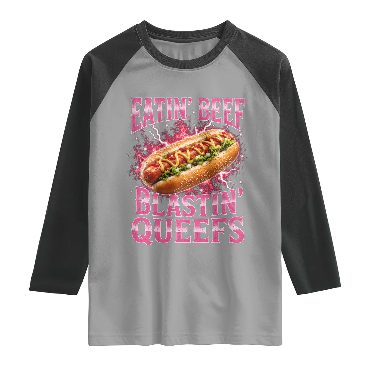 Eatin Beef Blastin' Queefs Funny Embarrassing Hot Dog Retro Bootleg Raglan Shirt
