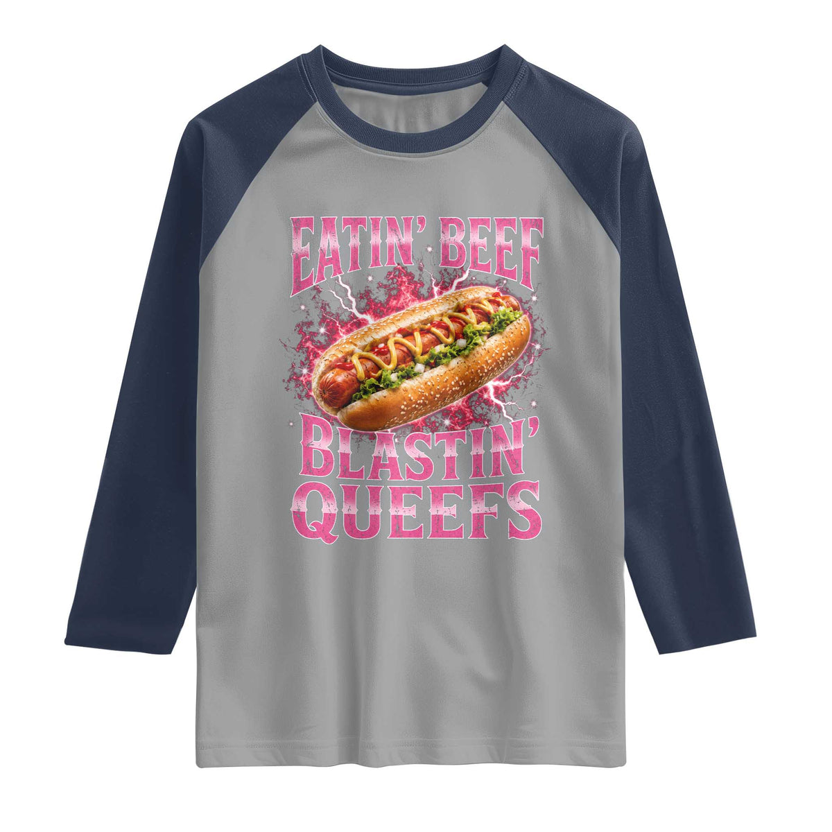 Eatin Beef Blastin' Queefs Funny Embarrassing Hot Dog Retro Bootleg Raglan Shirt
