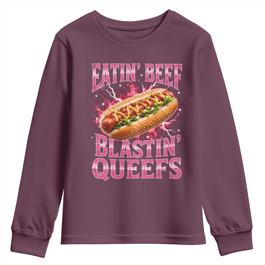 Eatin Beef Blastin' Queefs Funny Embarrassing Hot Dog Retro Bootleg Youth Sweatshirt