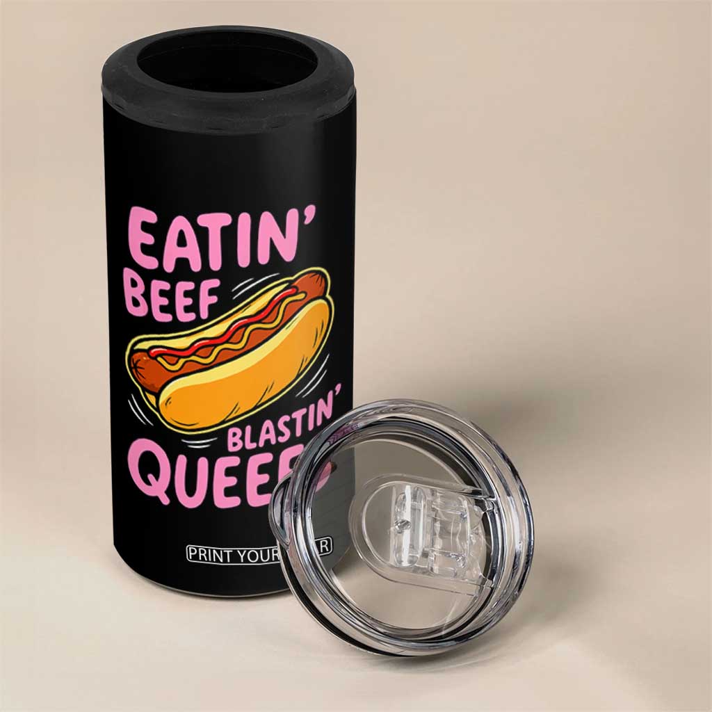 Eatin Beef Blastin' Queefs Funny Hot Dog Adult Humor 4 in 1 Can Cooler Tumbler