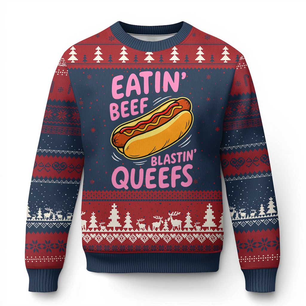 Eatin Beef Blastin' Queefs Funny Hot Dog Adult Humor Ugly Christmas Sweater TS11 Navy Red Print Your Wear