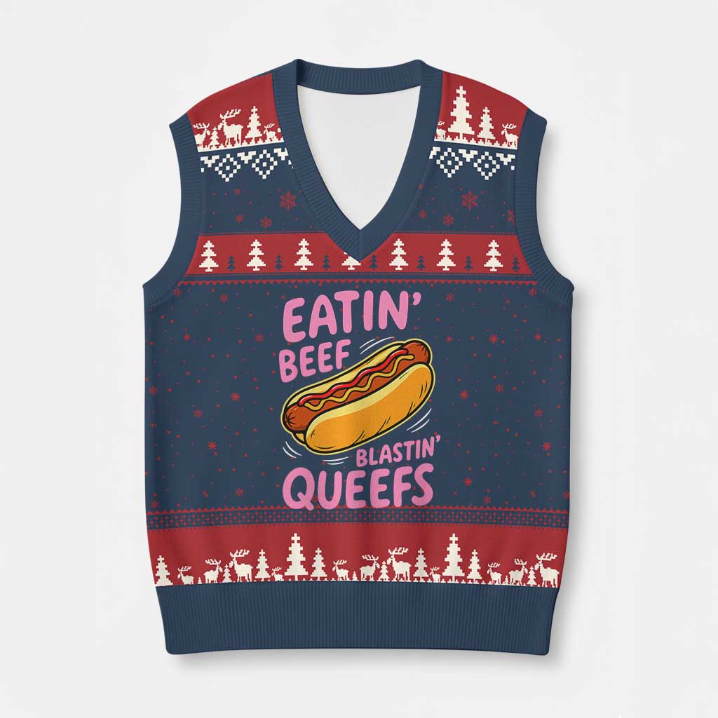 Eatin Beef Blastin' Queefs Funny Hot Dog Adult Humor V-Neck Knit Sweater Vest TS11 Navy Red Print Your Wear