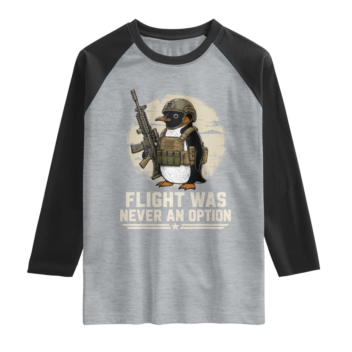 Funny Penguin Flight Was Never An Option Raglan Shirt Tactical Penguin Gun Lover TS11 Heather Gray Black Print Your Wear