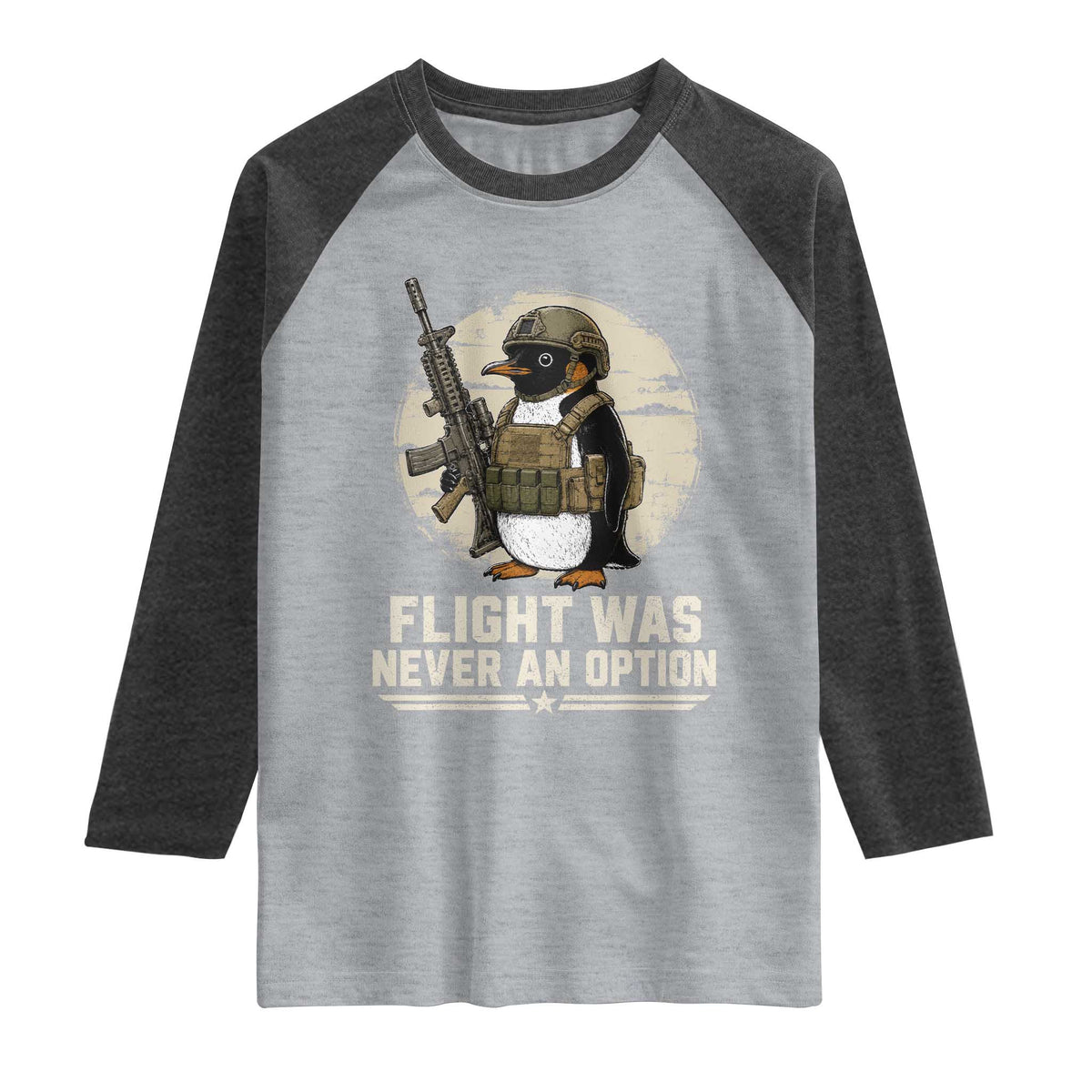 Funny Penguin Flight Was Never An Option Raglan Shirt Tactical Penguin Gun Lover TS11 Heather Gray Heather Charcoal Print Your Wear