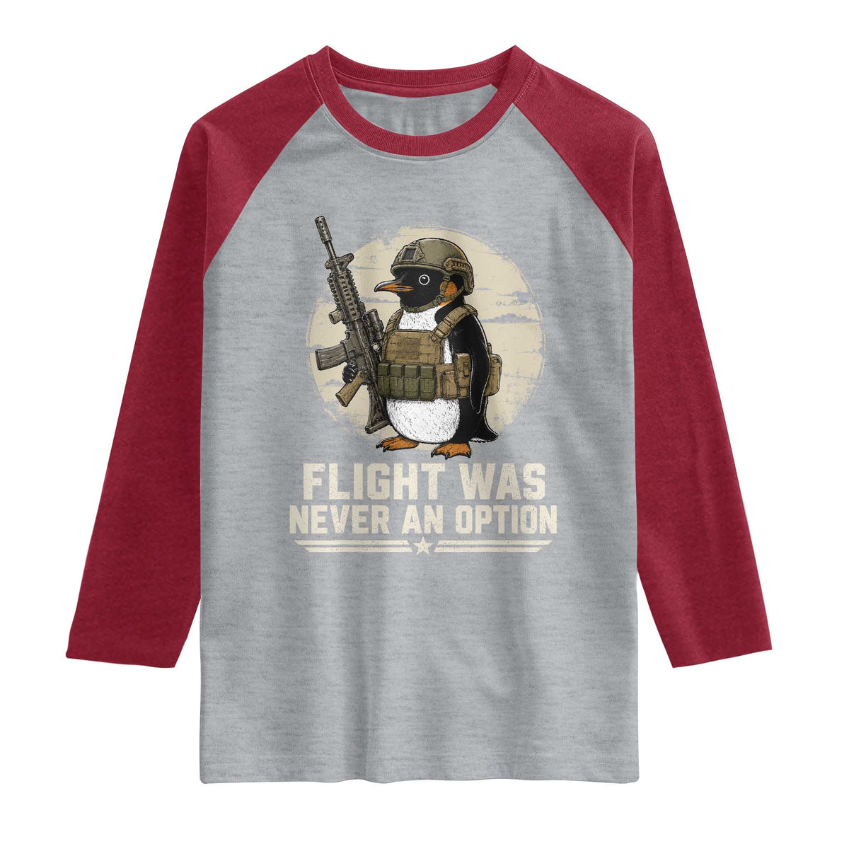 Funny Penguin Flight Was Never An Option Raglan Shirt Tactical Penguin Gun Lover TS11 Heather Gray Heather Red Print Your Wear
