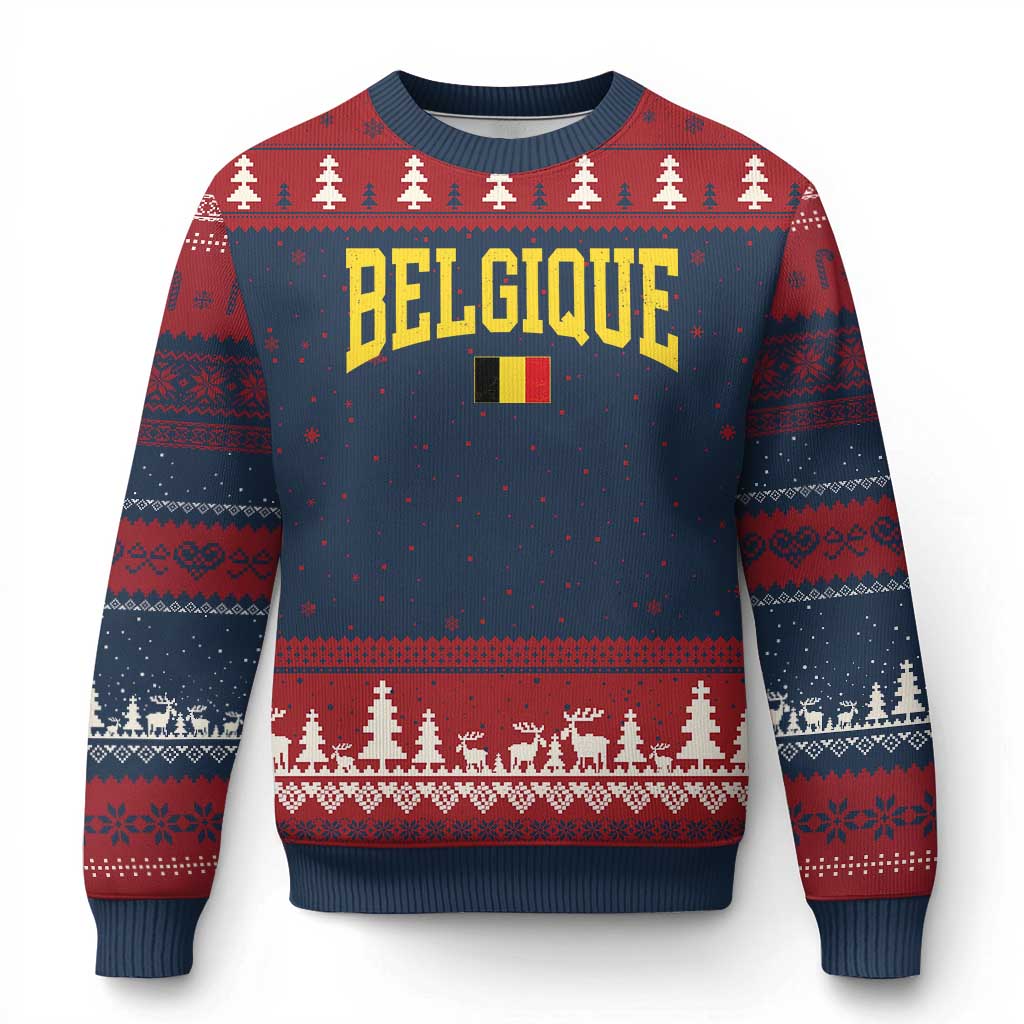 Belgium Belgique Throwback Design Vintage Belgian Flag Jersey Style Ugly Christmas Sweater TS11 Navy Red Print Your Wear