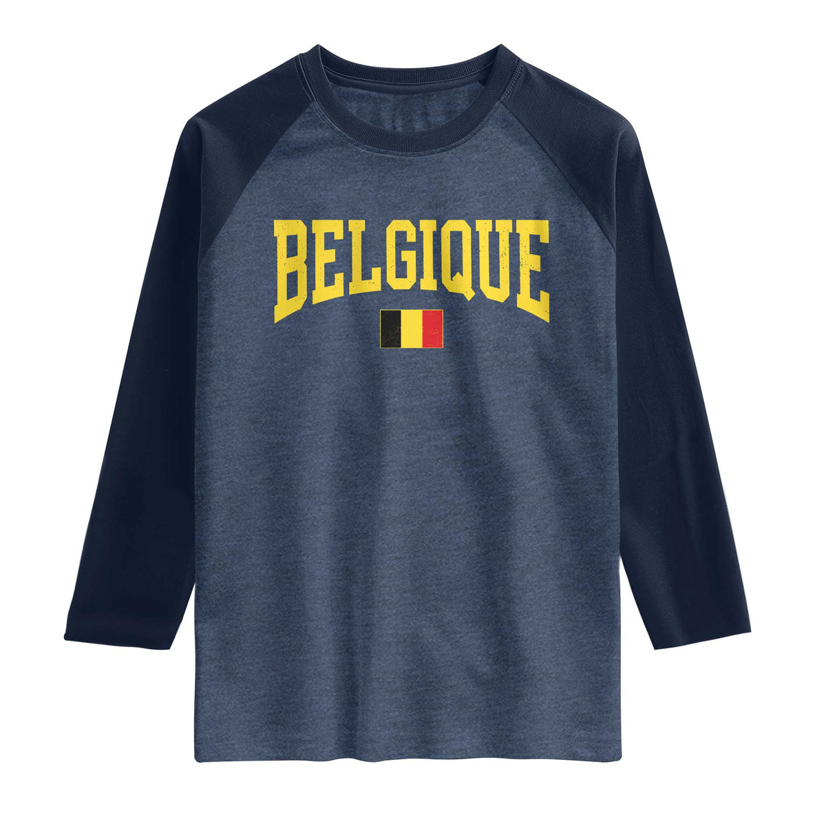 Belgium Belgique Throwback Design Vintage Belgian Flag Jersey Style Raglan Shirt TS11 Heather Denim Navy Print Your Wear