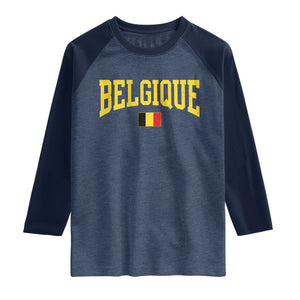 Belgium Belgique Throwback Design Vintage Belgian Flag Jersey Style Raglan Shirt TS11 Heather Denim Navy Print Your Wear