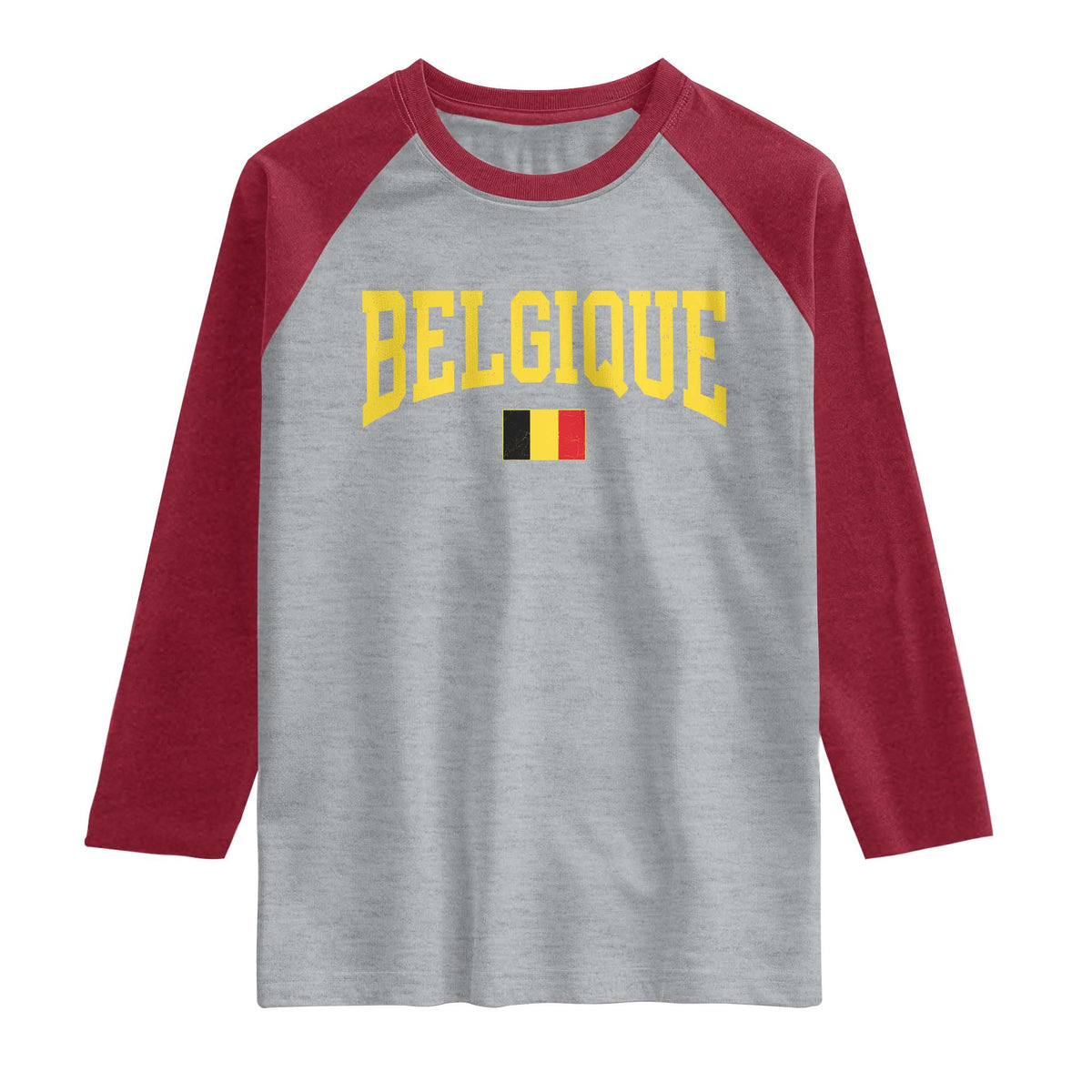 Belgium Belgique Throwback Design Vintage Belgian Flag Jersey Style Raglan Shirt TS11 Heather Gray Heather Red Print Your Wear