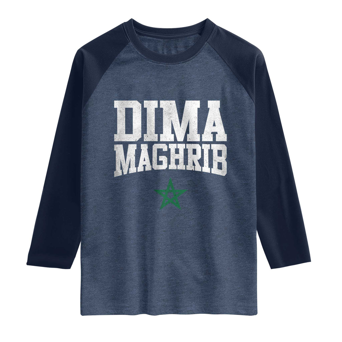 Moroccan Dima Maghrib Flag of Morocco Vintage Green Star Patriotic Raglan Shirt TS11 Heather Denim Navy Print Your Wear