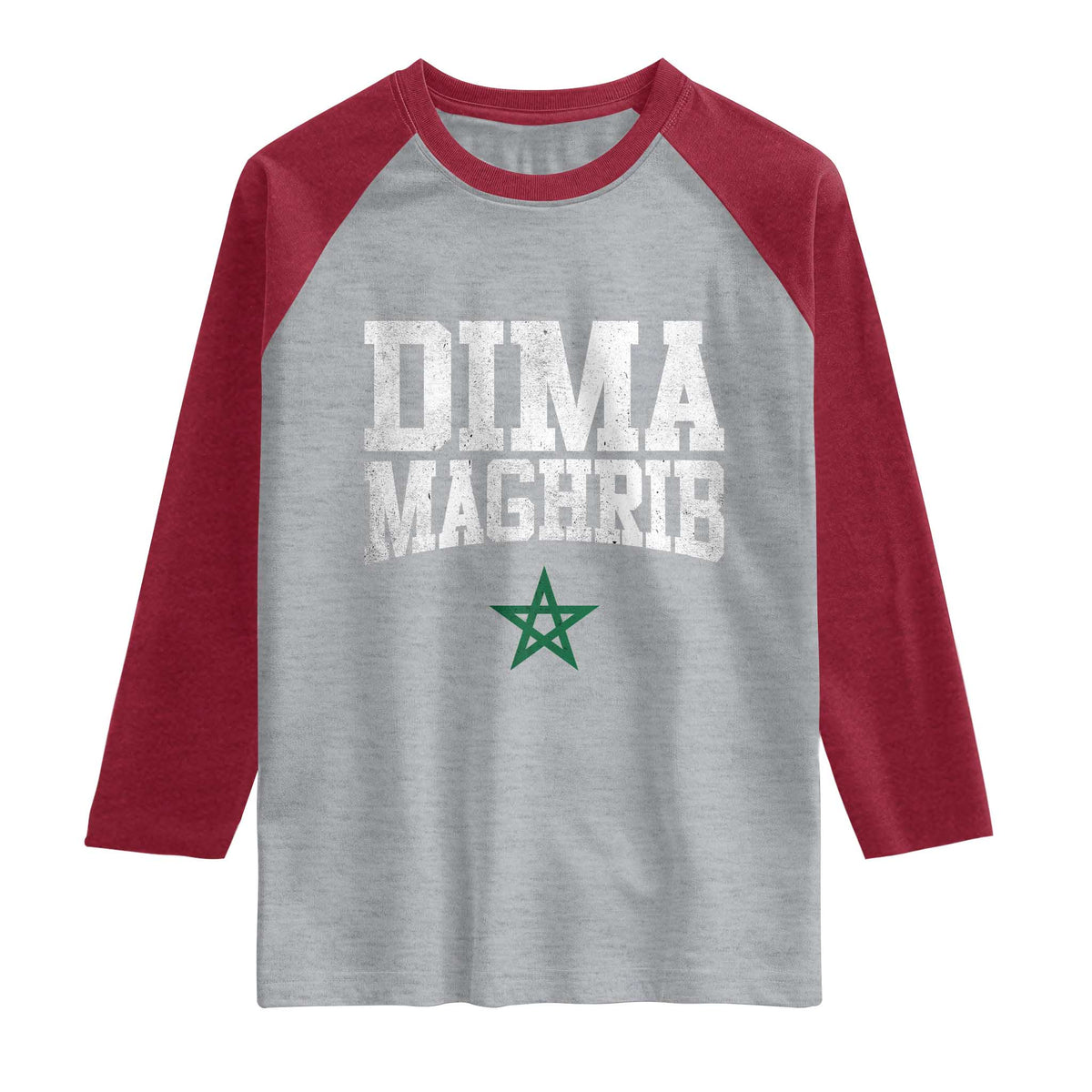 Moroccan Dima Maghrib Flag of Morocco Vintage Green Star Patriotic Raglan Shirt TS11 Heather Gray Heather Red Print Your Wear
