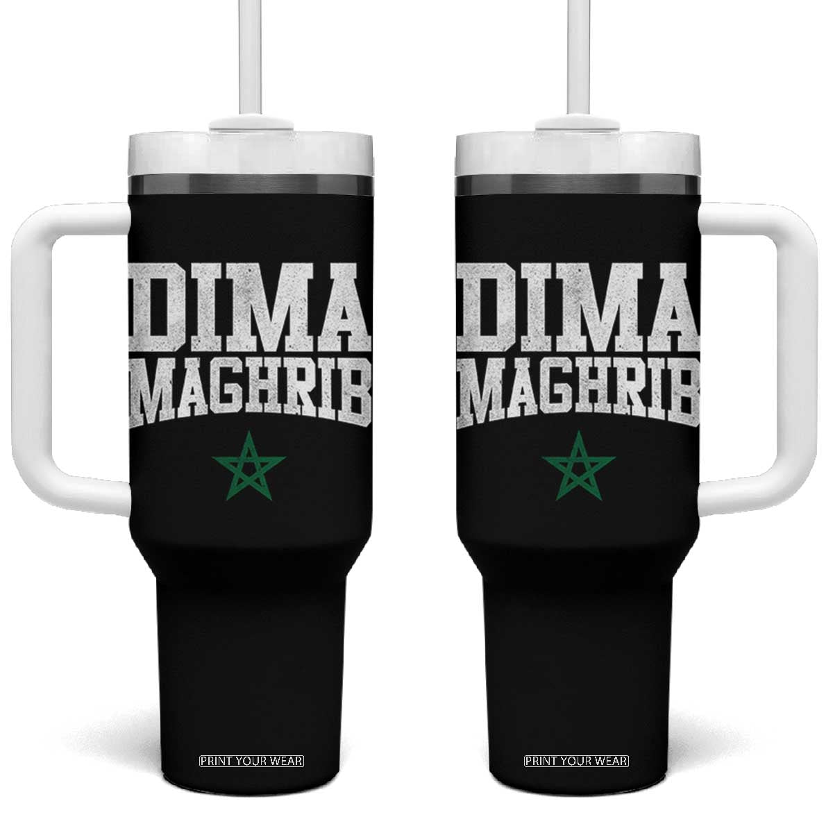 Moroccan Dima Maghrib Flag of Morocco Vintage Green Star Patriotic Tumbler With Handle TS11 One Size: 40 oz Black Print Your Wear