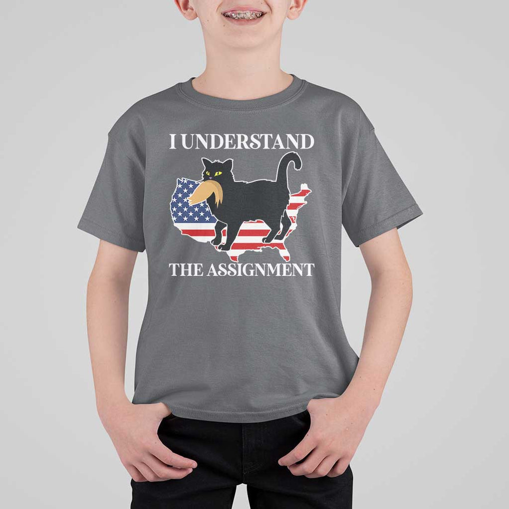 Funny Harris Supporter T Shirt For Kid I Understand The Assignment Black Cat American Flag TS11 Charcoal Print Your Wear