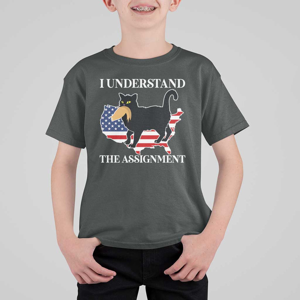 Funny Harris Supporter T Shirt For Kid I Understand The Assignment Black Cat American Flag TS11 Dark Heather Print Your Wear