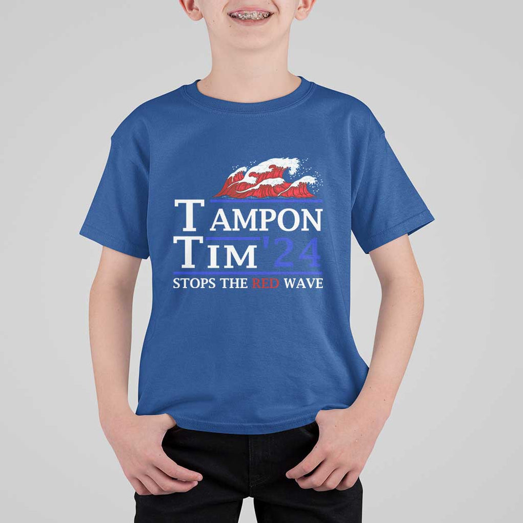 Funny Walz T Shirt For Kid Tampon Tim'24 Stops The Red Wave American Election TS11 Royal Blue Print Your Wear