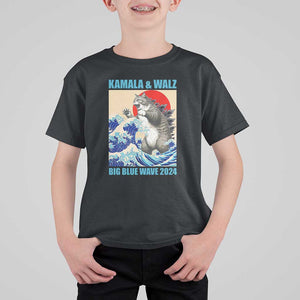 Kamala Walz 2024 T Shirt For Kid Big Blue Wave Cat Tsunami Sun Japanese Painting TS11 Black Print Your Wear