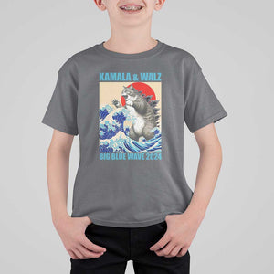 Kamala Walz 2024 T Shirt For Kid Big Blue Wave Cat Tsunami Sun Japanese Painting TS11 Charcoal Print Your Wear