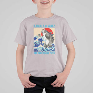 Kamala Walz 2024 T Shirt For Kid Big Blue Wave Cat Tsunami Sun Japanese Painting TS11 Ice Gray Print Your Wear