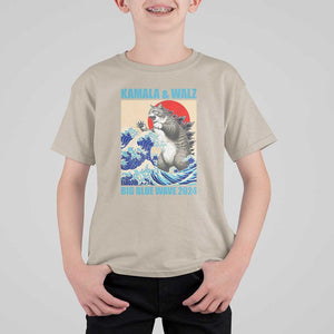 Kamala Walz 2024 T Shirt For Kid Big Blue Wave Cat Tsunami Sun Japanese Painting TS11 Sand Print Your Wear