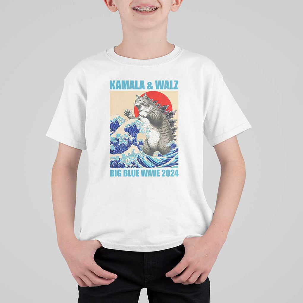 Kamala Walz 2024 T Shirt For Kid Big Blue Wave Cat Tsunami Sun Japanese Painting TS11 White Print Your Wear