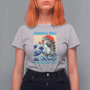 Kamala Walz 2024 T Shirt For Women Big Blue Wave Cat Tsunami Sun Japanese Painting TS11 Ice Gray Print Your Wear