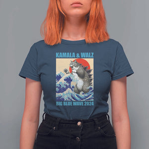 Kamala Walz 2024 T Shirt For Women Big Blue Wave Cat Tsunami Sun Japanese Painting TS11 Navy Print Your Wear