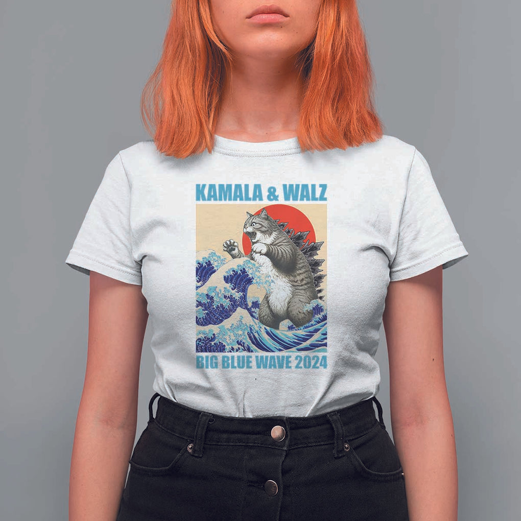 Kamala Walz 2024 T Shirt For Women Big Blue Wave Cat Tsunami Sun Japanese Painting TS11 White Print Your Wear