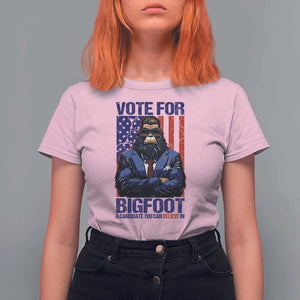 Funny Bigfoot Election T Shirt For Women Vote For Bigfoot A Candidate You Can Believe In 2024 TS11 Light Pink Print Your Wear