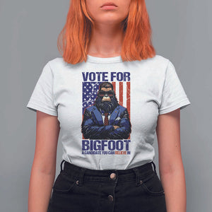 Funny Bigfoot Election T Shirt For Women Vote For Bigfoot A Candidate You Can Believe In 2024 TS11 White Print Your Wear