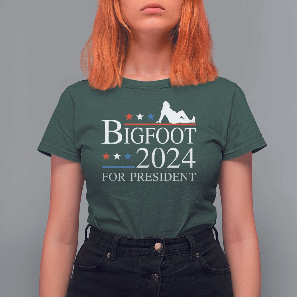 Funny Bigfoot For President T Shirt For Women Vote Sexy Sasquatch American Flag Star TS11 Dark Forest Green Print Your Wear