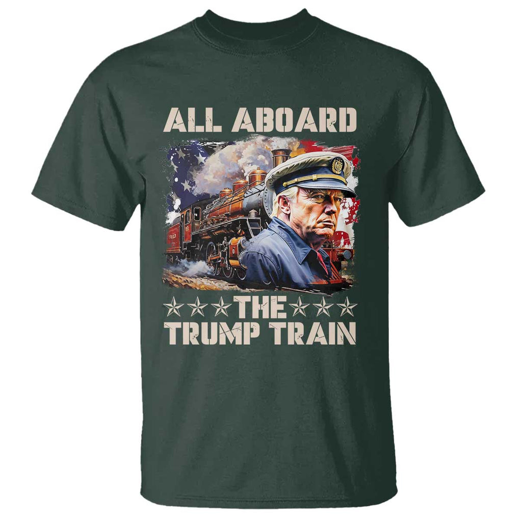 Trump Supporter 2024 T Shirt All Aboard The Trump Train USA American Flag TS11 Dark Forest Green Print Your Wear