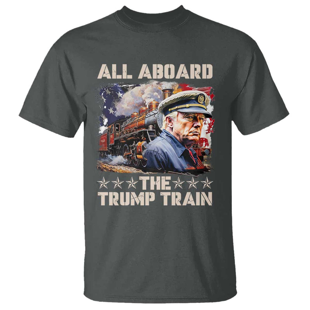 Trump Supporter 2024 T Shirt All Aboard The Trump Train USA American Flag TS11 Dark Heather Print Your Wear