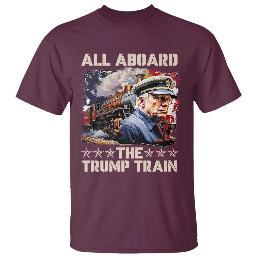 Trump Supporter 2024 T Shirt All Aboard The Trump Train USA American Flag TS11 Maroon Print Your Wear
