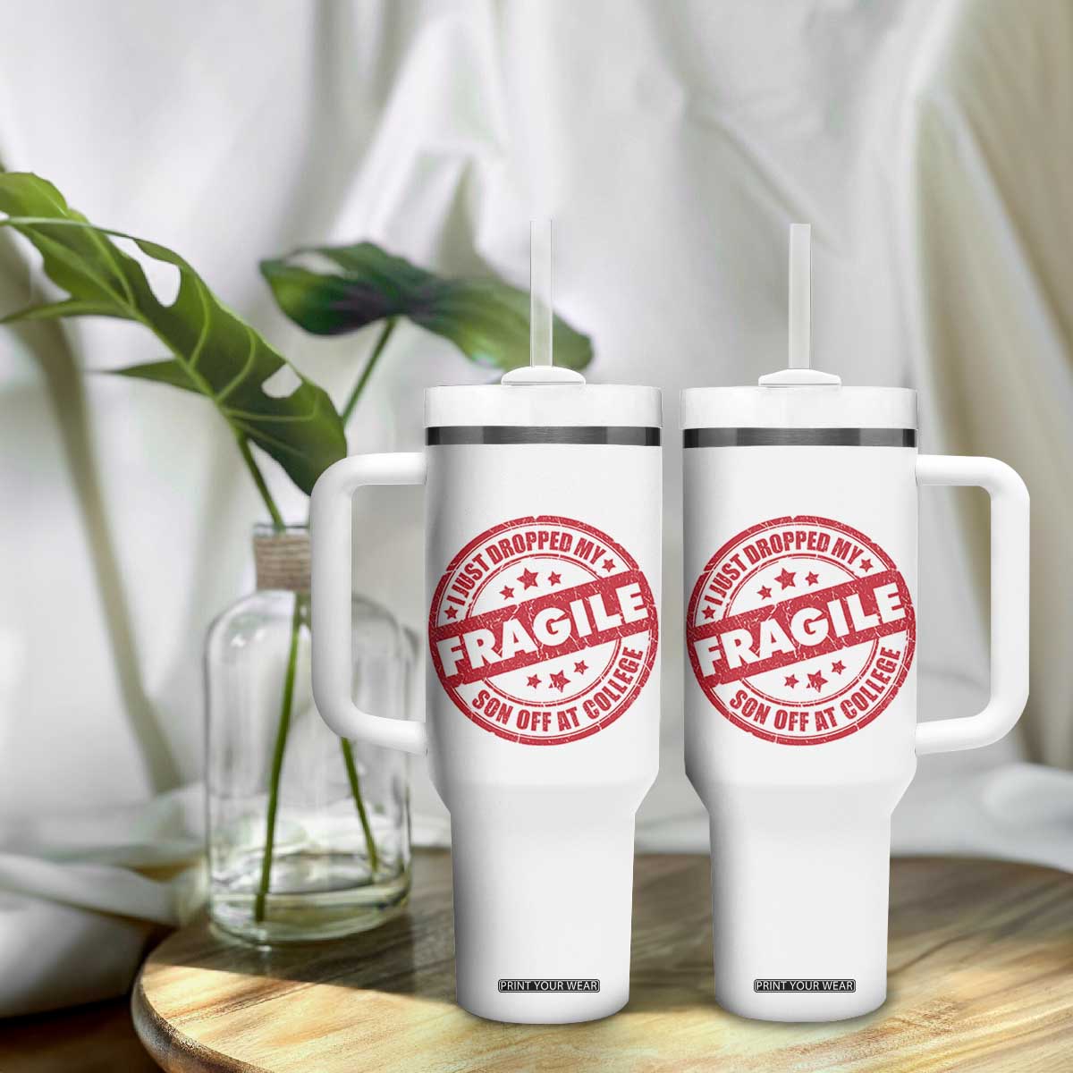 Fragile I Just Dropped My Son Off At College Tumbler With Handle Drop Off Parents Vintage Star TS11 Print Your Wear