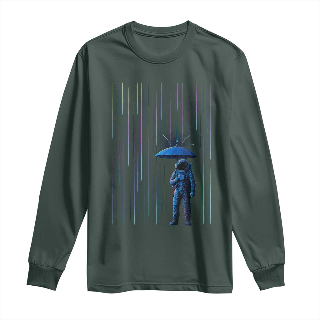 Perseid Meteor Shower Raining Astronaut With Umbrella Long Sleeve Shirt TS11 Dark Forest Green Print Your Wear